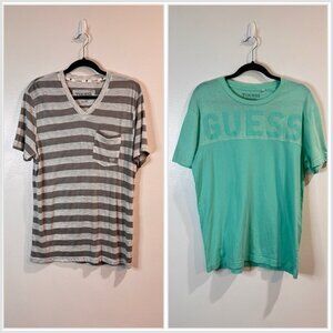 Guess T-shirt Set Lot of 2 Mens XL Gray Striped V-neck Turquoise Blue Y2K